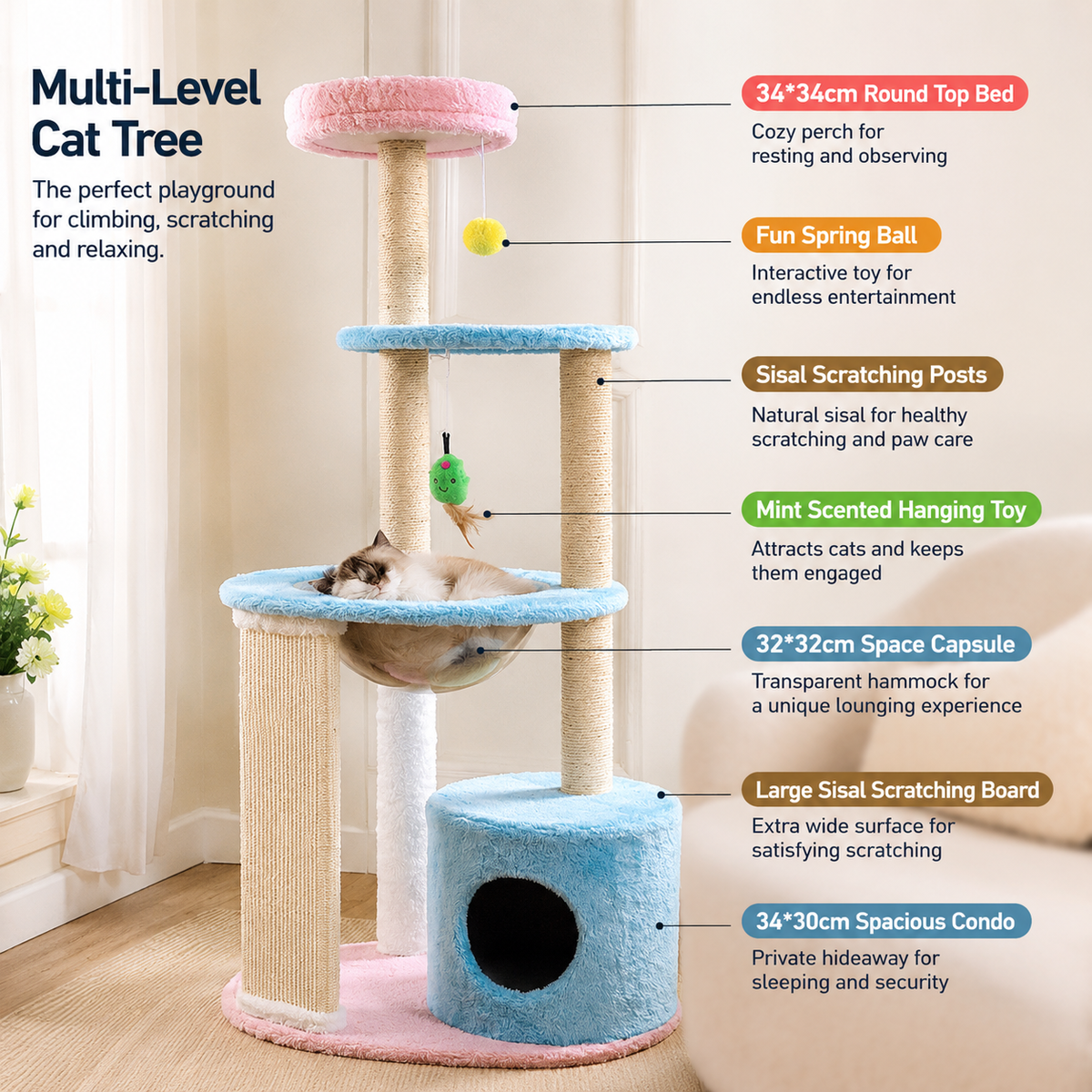Multi-Level Cat Tree Tower with Sisal Scratching Posts
